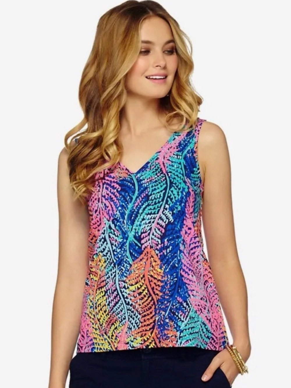 Lilly Pulitzer Gigi Double V Neck Electric Feel Tank Top Sleeveless Shirt  XS